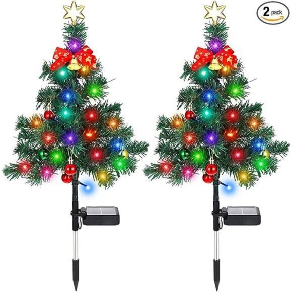 2-Pack Solar Christmas Tree Garden Stake Lights – 29" Tall, 4-Color LEDs, IP65 Waterproof, Auto On/Off